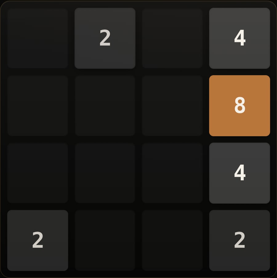 A 2048 board part-way through a game, with an orange 8 tile and three smaller tiles down the right-hand column.