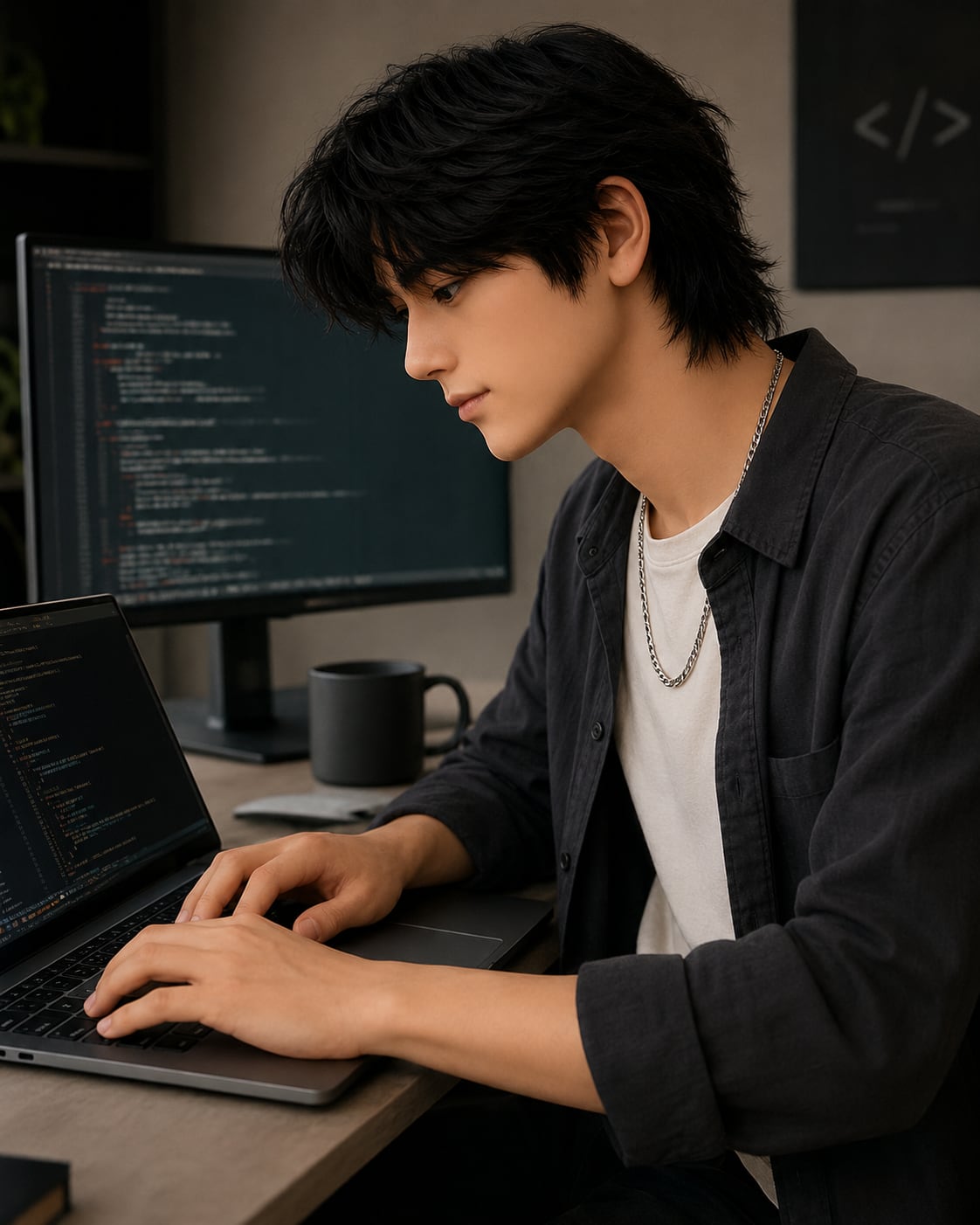 Ryan Yang focused on writing code at a workstation.