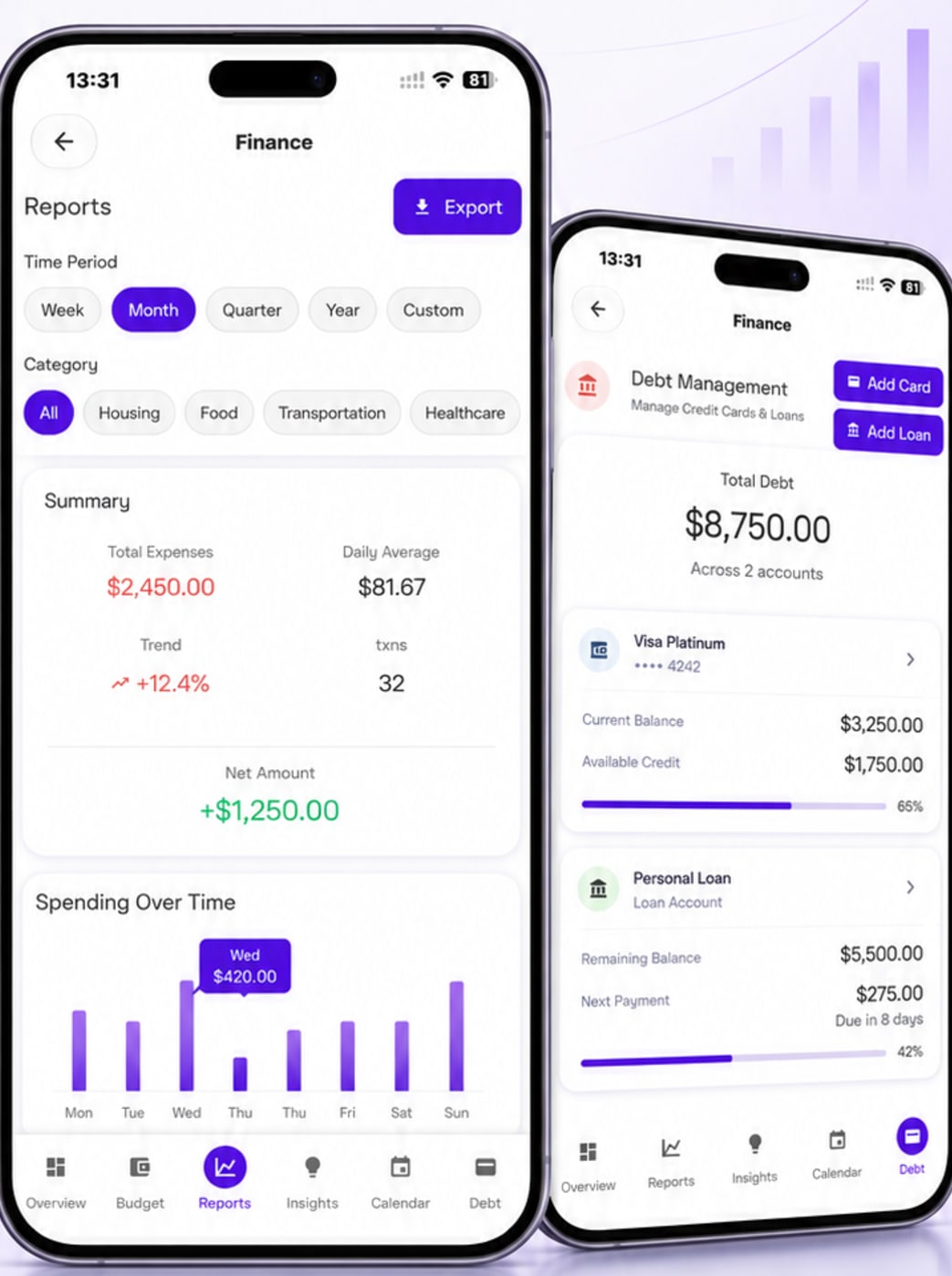 HabitForge running on iPhone: the Finance tab with a monthly spending report, category filters, a summary of expenses and trend, and a debt screen showing card and loan balances.