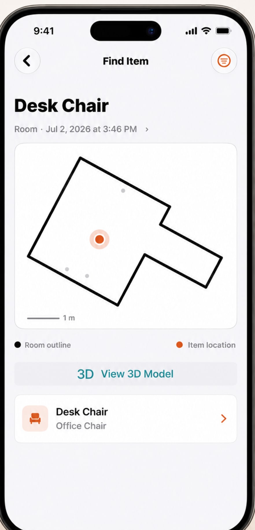 Seekr running on iPhone: the Find Item screen showing a scanned room outline with a desk chair marked at its location, a one-metre scale bar, and a link to the 3D model.
