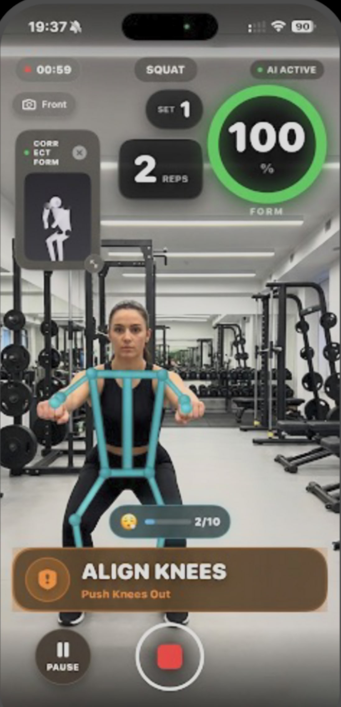 TrainTogether running on iPhone: a live squat set with a skeleton pose overlay on the camera, a 100% form score, rep and set counters, and an “Align knees” correction.